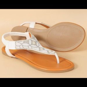 White Women's T-Strap Elastic Sandals Open Toe Rhinestone Thong Flats sz 8.5